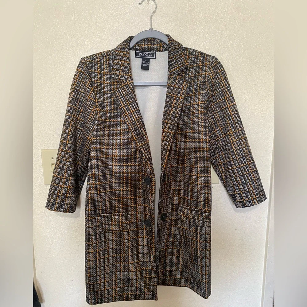 Women's Black and Gold Plaid Open Front Blazer - Picture 1 of 3